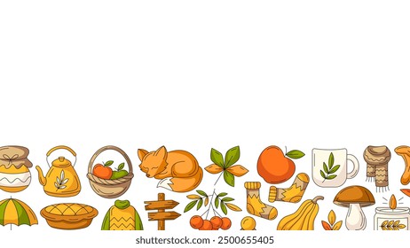 Autumn horizontal banner or background with space for text. Colorful  bottom border frame with fall seasonal cozy elements, food, clothes, mushrooms, animals. For poster, flyer, card, invitation
