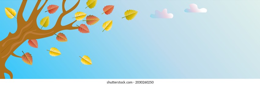 Autumn horizontal banner or billboard, greeting card with a tree and flying autumn leaves against the sky. For headline, cover, brochure and more. The theme of autumn, autumn holidays.