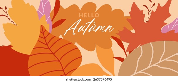 Autumn horizontal banner with bright creative autumn leaves. Autumn modern art, autumn poster. Vector.