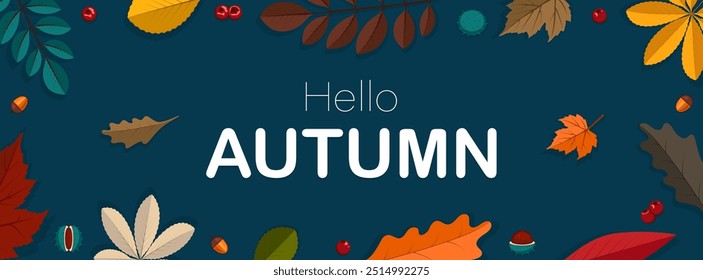 Autumn horizontal banner with colorful fall leaves,rowanberries,acorns,chestnuts and space for text.Seasonal vector illustration.