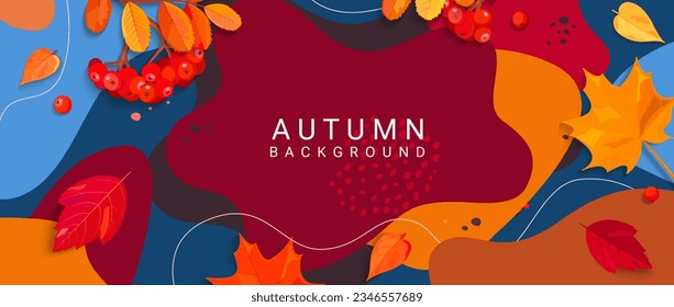 Autumn horizontal banner with colorful autumn leaves,rowanberries,place for text on abstract background.Fall season flyers,presentations,reports promo,web,leaflet,poster,invitation.Vector illustration