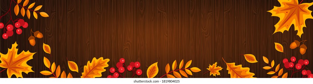 Autumn horizontal banner with copy space. Yellow autumn leaves and rowan berries on a brown wooden background. Stock vector illustration.