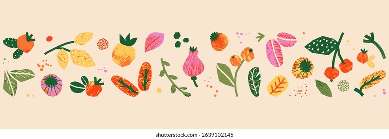 Autumn horizontal banner with cutout collage elements. Thanksgiving and Harvest Day. Border vector illustration.