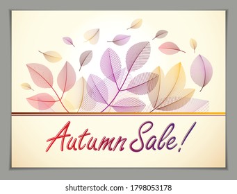 Autumn horizontal banner design, vector yellow and red leaves floral beautiful background, Autumn Sale, advertising poster, brochure or flyer design. Stylish classy botanical drawing, environment.