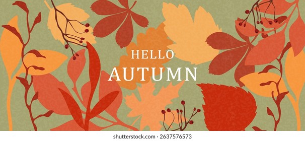 Autumn horizontal banner with different creative autumn leaves. Autumn fashion art, autumn poster. Vector.