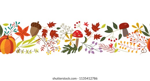 Autumn horizontal banner with fall colorful plants and leaves isolated on white background - natural seasonal decorative element. Flat vector illustration of botanical objects.