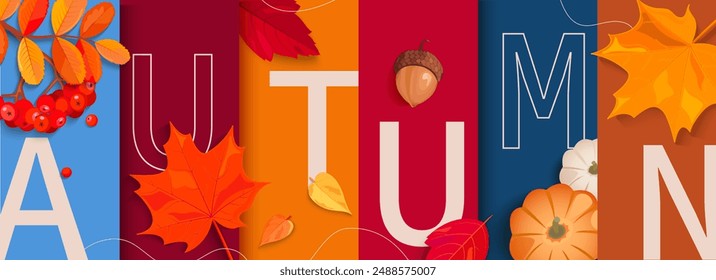 Autumn horizontal banner with fall symbols-pumpkin, acorn, maple and oak leaves. Design autumn background. Template for print.Flyer,poster for social media,web,ads,promo,offer.Vector illustration.