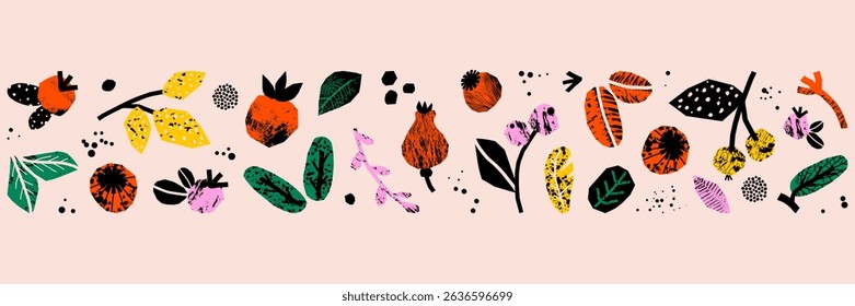 Autumn horizontal banner with grunge texture. Thanksgiving and Harvest Day. Border with cutout collage element. Vector illustration.