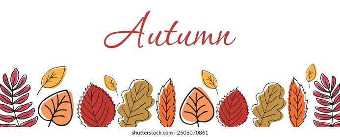 Autumn horizontal banner with hand drawn autumn leaves. Autumn background in doodle style. Vector.