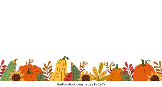 Autumn horizontal banner with multicolored pumpkins, leaves and sunflowers on white. Flat illustration. For food or harvest festival