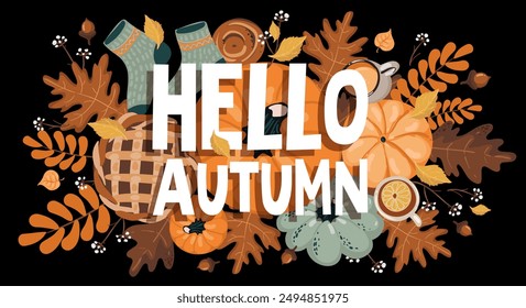 Autumn horizontal banner with sezonal elements. Autumn background