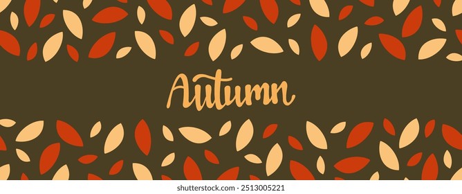 Autumn horizontal banner in shades of yellow, earthy, green, orange. Leaf fall. Autumn lettering.