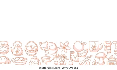 Autumn horizontal banner with space for text. Minimalist bottom frame with monochrome red fall seasonal cozy elements, food, clothes, mushrooms, animals. For poster, flyer, card. Isolated background