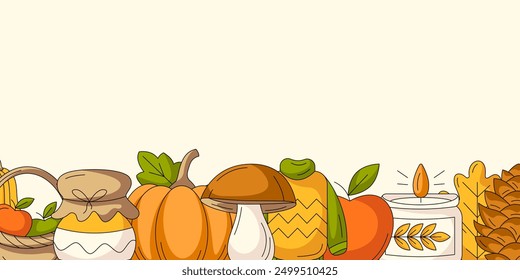 Autumn horizontal banner with space for text. Colorful bottom frame with fall seasonal cozy elements of warm clothes, mushroom, pumpkin, harvest, candle. For poster, flyer, card. Isolated background