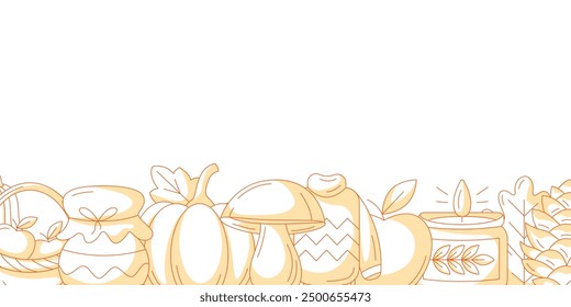Autumn horizontal banner with space for text. Minimalist monochrome orange bottom frame with fall seasonal cozy elements of warm clothes, mushroom, pumpkin, harvest, candle. For poster, flyer, card.