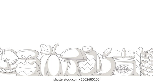 Autumn horizontal banner with space for text. Minimalist monochrome gray bottom frame with fall seasonal cozy elements of warm clothes, mushroom, pumpkin, harvest, candle. For poster, flyer, card.