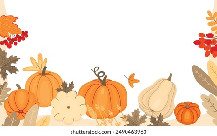 Autumn horizontal banner with space for text.Colorful set of pumpkins of various shapes and sizes, branches of berries, ears of cereals and fall leaves.Vector  flat illustration on white background.