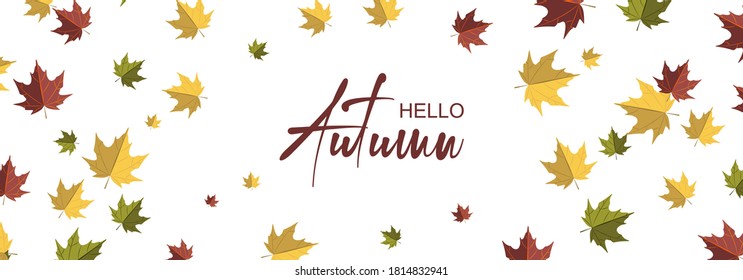 Autumn horizontal design with colorful falling leaves. Place for text. Vector illustration