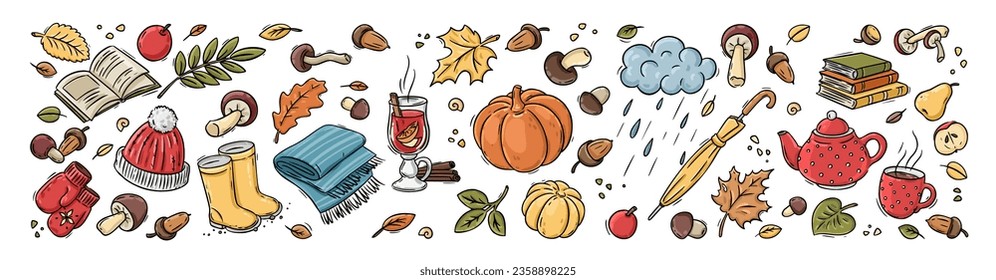 Autumn horizontal doodles banner. Hand drawn set of sketches. Isolated objects on white background.