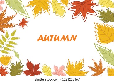 Autumn horizontal frame background for advertisement, promotion,banner and poster,botanical seasonal fallen leaves isolated on white background,flat design style,vector illustration.