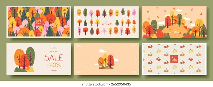 Autumn horizontal hand drawn greeting card, banner, poster or cover set, with bright colorful trees, forest, plants, pumpkins. Vector fall designe template for sale, web, print, ads, season decor
