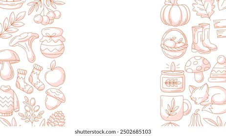 Autumn horizontal poster or background with copy space for text. Minimalist monochrome side border frame with fall seasonal cozy elements, food, clothes, mushrooms, animals. For banner, flyer, card