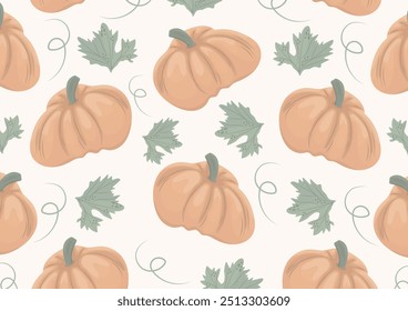 autumn horizontal poster with orange round pumpkins with various autumn leaves with reduced transparency, vector