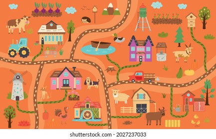 Mapa de granja rústica horizontal de otoño. Localidad de constructores de mapas, animales de granja, rancho. Diseño de guardería para afiches, alfombras, habitación para niños. Ilustración del dibujo de la mano del vector