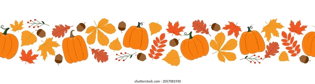 Autumn horizontal seamless pattern.    Seamless border with pumpkins, autumn leaves and berries. Isolated vector illustration 