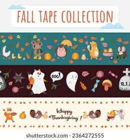 Autumn horizontal seamless pattern collection.Tape autumn collection with animals. Halloween and Thanksgiving day
