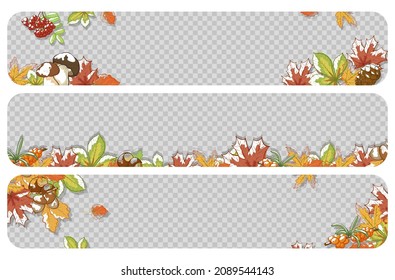 Autumn horizontal transparent background set vector engraved illustration. Fall promo backdrop leaflet decorated by dry multicolored leaves, mushrooms and seasonal berries. Autumnal frame template