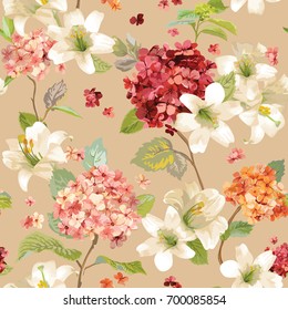 Autumn Hortensia and Lily Flowers Backgrounds. Seamless Floral Shabby Chic Pattern in vector