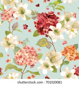 Autumn Hortensia and Lily Flowers Backgrounds. Seamless Floral Shabby Chic Pattern in vector