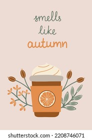 Autumn Hot Drink Cup Vector Illustration Lettering Poster