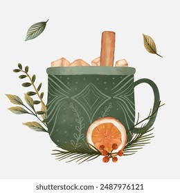 Otoño Bebida caliente y hojas de Ilustración vectorial