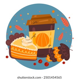 Autumn hot drink with pumpkin pie design element card vector flat graphic design illustration