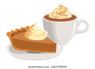 Autumn hot drink with slice of pumpkin pie. Vector illustration. Fall season drink in a disposable cup. Autumn greeting card, postcard design.