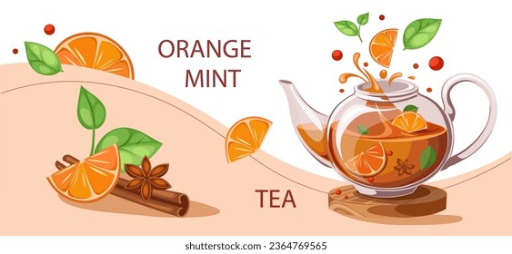 Autumn hot fruit tea with spices and Beautiful teapot on a white background