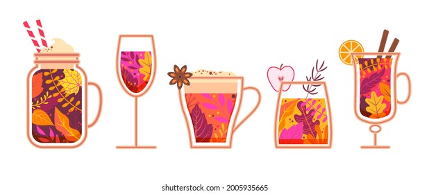 Autumn hot spicy drinks. Glasses with drinks filled with fall leaves with whipped cream, marshmallow, friuts and vanilla,cinnamon, anise. Hot tea, coffee, chocolate, wine.Vector for web,design, print.