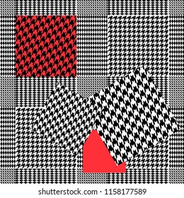 Autumn hounds tooth motifs. Asymmetric pattern with checkers and patches. Black, red, white.