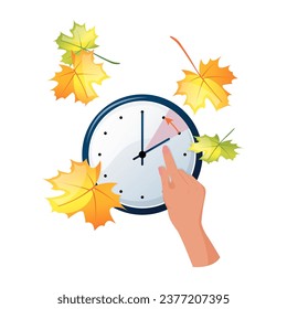Autumn hours, the transition to winter time. The hand moves the clock hands to winter time. Flat style, vector illustration. Vector illustration