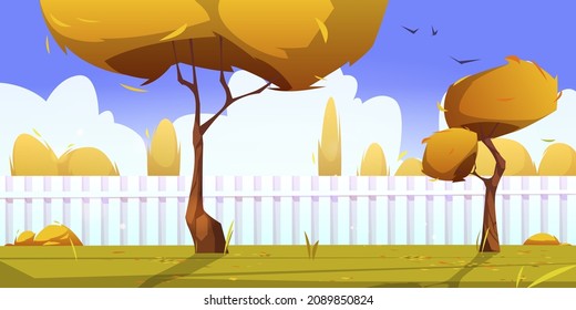 Autumn house backyard with yellow trees, bushes, fallen leaves on grass lawn and white wooden fence. Fall cottage garden landscape, patio, empty home back yard cartoon background, Vector illustration