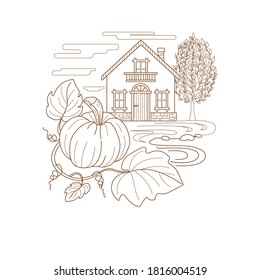 Autumn house. The contour image of a house, a tree and a pumpkin on a white background. Outline color is orange. Design element. Vector illustration.
