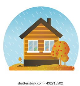 Autumn house icon with appletree, vector illustration, video game
