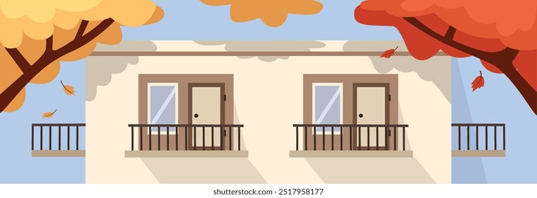 Autumn house illustration. Autumn season. Front door house in fall season. Home facade in autumnal. Autumn trees. Autumn scene. Building vector art. Harvest. Weak match. Autumnal equinox.