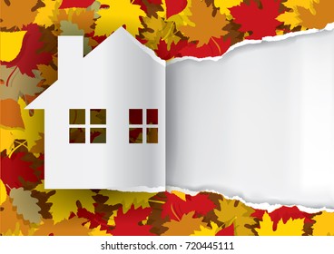 Autumn House paper background.
Illustration of ripped paper paper house on Autumn background with place for your text or image. Vector available.