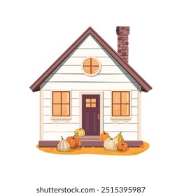 Autumn house with pumpkins. Vector illustration for card, and poster. Autumn decoration - pumpkin arrangement