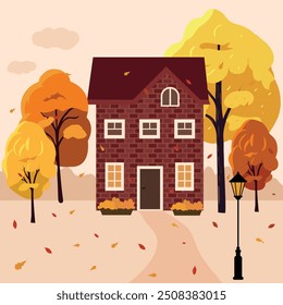 autumn house, trees, lantern, leaves, path, cozy, cottage, country house, autumn, stylish, banner, background, postcard, poster,modern
