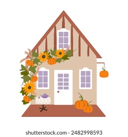 Autumn house vector illustration. Cozy wood cabin with terrace decorated with pumpkins and sunflowers in hand-drawn minimalist flat style isolated on white background. Charming fall cottage