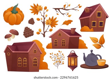 Autumn houses and attributes set. Image described as a collection of whimsical and charming illustrations of cozy houses surrounded by colorful autumn leaves and trees. Vector illustration.